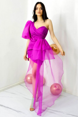 Rochie de seara Dayana, cu maneca bufanta si detaliu din organza, Mov 3