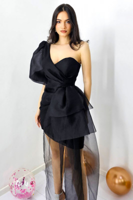 Rochie de seara Dayana, cu maneca bufanta si detaliu din organza, Negru 2