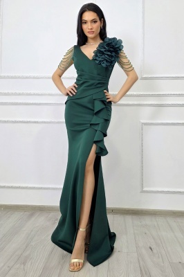 Rochie de seara ISALYN, cu siraguri de cristale in cascada si floare 3D, Verde Smarald