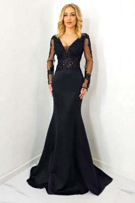 Rochie de seara Melany, tip sirena, cu broderie si margele, Negru