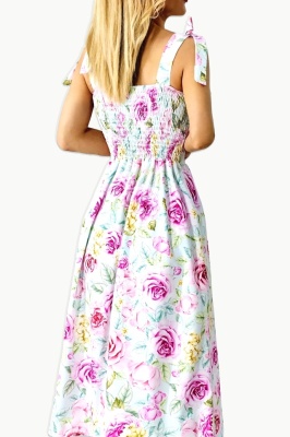 Rochie de vara Masha, cu imprimeu floral, Magenta Roses, Marime S/M spate detaliu