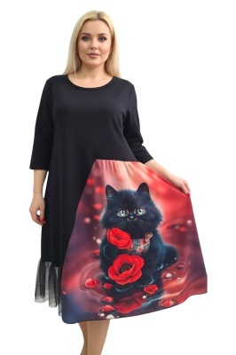 Rochie stil arty cu pisica neagra si detalii florale
