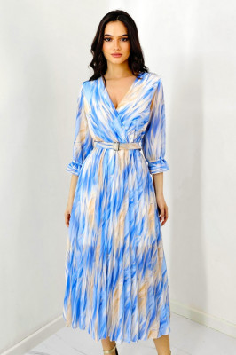 Rochie de zi Fatima, croiala plisata si imprimeu pastelat, Albastru, Marime S/M 2