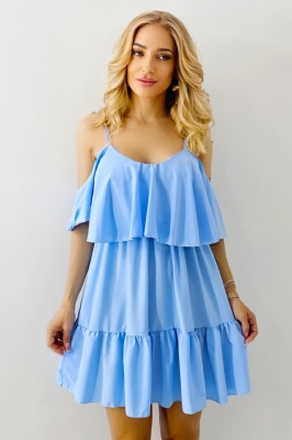 Rochie de zi StefANA, croiala scurta, decupata, cu volane, Albastru deschis, Marime S/M/L 2