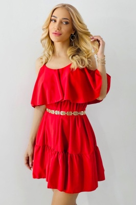Rochie de zi StefANA, croiala scurta, decupata, cu volane, Rosu, Marime S/M/L 3