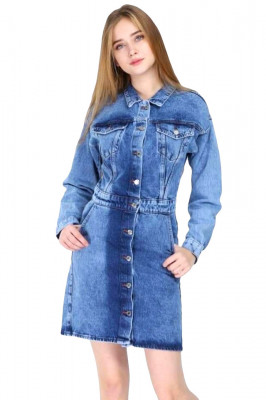 Rochie denim Melly, cu maneca lunga si nasturi pe toata linia frontala, Albastru 5