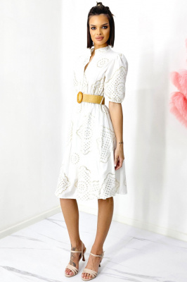 Rochie din bumbac Moana, cu guler tunica si curea asortata, Alb, Marime S/M/L 2
