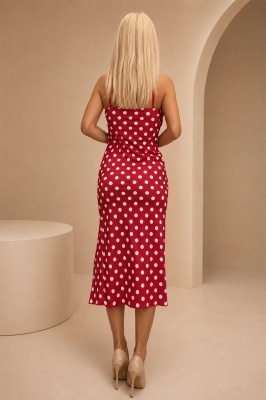 Rochie eleganta cu buline, NOELLA, snur lateral si cupe buretate, ROSU, Marime S/M detaliu spate