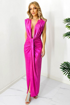 Rochie eleganta Ilaria, croiala cu fronseuri si decolteu adanc, Roz metalizat, Marime S/M 2