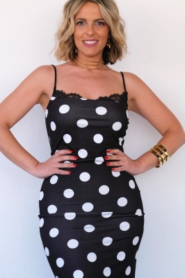 Rochie eleganta SUAVE, imprimeu cu buline si insertii din dantela, Marime S/M detaliu