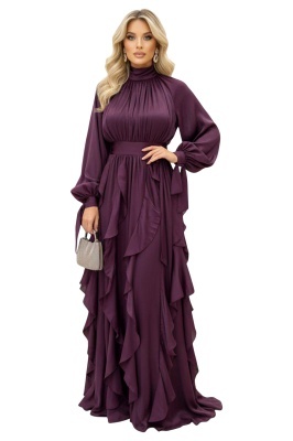 Rochie lunga cu volane Marivelle, talie marcata si cordon, Mov Intens, Marime S/M