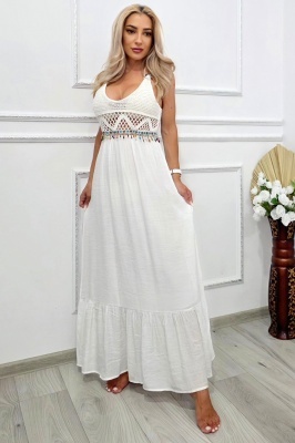 Rochie lunga de plaja TWINA, cu aspect crosetat si margele, Alb
