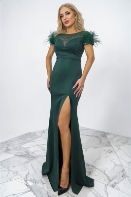 Rochie lunga de seara Clarimond, cu pene si cristale inserate, Verde