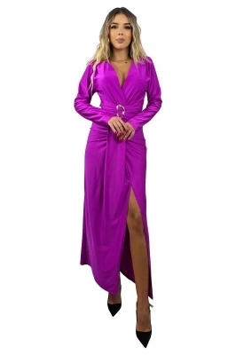 Rochie lunga de seara, Nefertiti, cu talie marcata si decolteu, Fucsia, Marime S/M