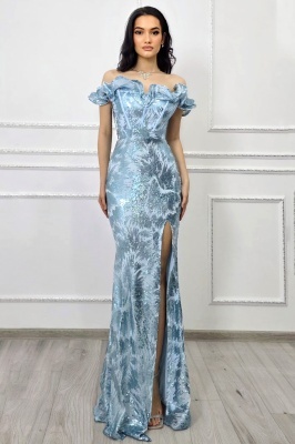 rochie baby blue eleganta cu spate gol si volane pe umeri