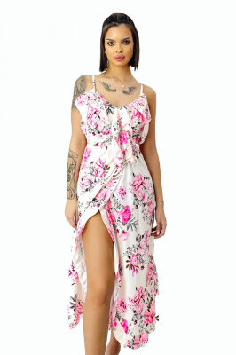 Rochie lunga Georgia, cu crapatura pe picior, Bujori roz/alb, Marime S/M 3