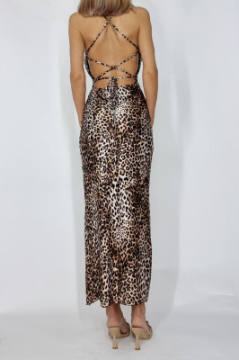 Rochie lunga Isabela cu spatele gol si snururi decorative, Leopard, Marime S/M spate