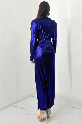 Rochie lunga Julietta, crapatura pe picior si decolteu adanc, Albastru Metalizat, Marime S/M 4