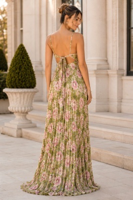 Rochie lunga plisata NYSA, cupe buretate si legare spate, Verde Olive, Marime S/M detaliu spate