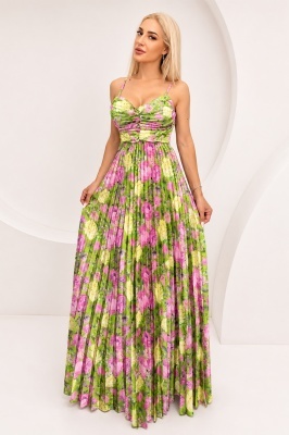 Rochie lunga plisata NYSA, cupe buretate si legare spate, Verde Olive, Marime S/M