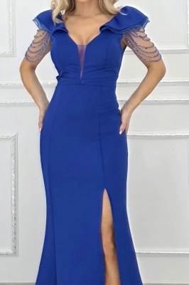 rochie albastra eleganta cu umeri accentuati si cristale