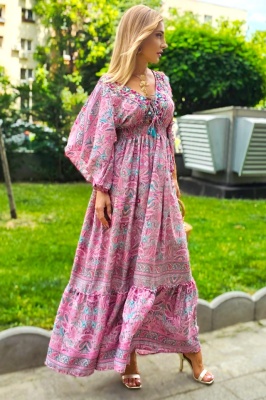 Rochie lunga Ylinca, cu mătase artizanală si rejansa elastica in talie, Roz, Marime S/M/L 2