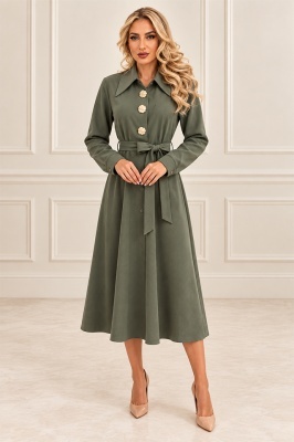 Rochie midi tip camasa OREVIA, cu cordon in talie si nasturi decorativi aurii, Verde kaki, Marime One Size S/M