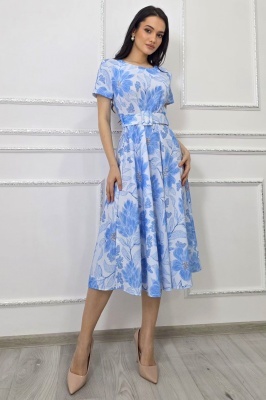 Rochie Nayla de vara, cu falduri si imprimeu floral, Albastru deschis, Marime S/M