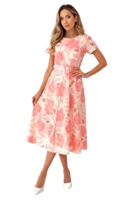 rochie rosie midi de vara cu falduri si croiala evazata