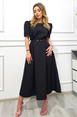 Rochie office SOREYA, cu maneca scurta si croi bufant, Negru Uni, Marimea S/M