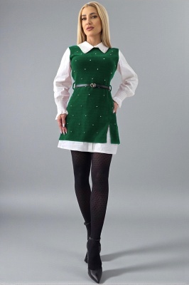 Rochie office tip camasa Iuliana, cu sarafan, paiete si curea, Verde, Marime S/M