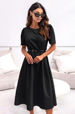 Rochie office ZALIA, croi bufant si curea subtire, Negru, Marimea S/M