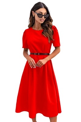 Rochie office ZALIA, croi bufant si curea subtire, Rosu, Marimea S/M