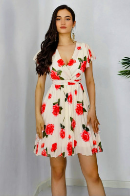 Rochie plisata Aveline, cu maneca evazata si textura vaporoasa, Crem, Marimea S/M1