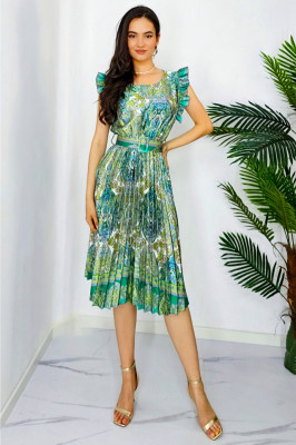 Rochie plisata Liliana, cu maneca scurta si volanase, Verde Abis, Marime universala S/M2