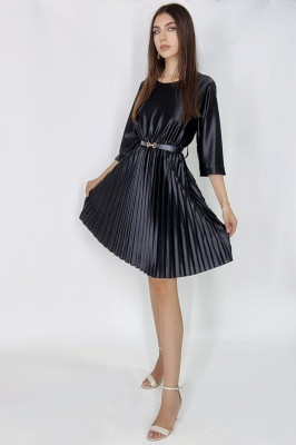 Rochie midi Glossy, cu efect plisat si curea inclusa, Negru