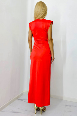 Rochie satinata Ilaria, croiala conica si decolteu adanc, Corai, Marime S/M spate