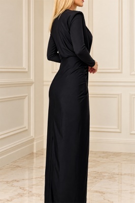 Rochie satinata Julietta, cu maneca lunga si falduri, Negru, Marime S/M, detaliu lateral