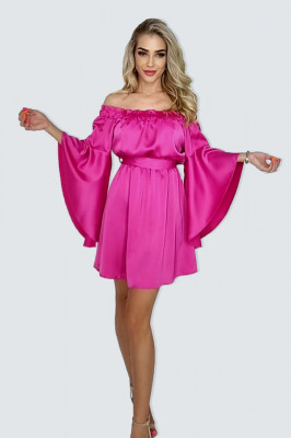 Rochie satinata Lorenna, cu maneci/decolteu oversize si aspect vaporos, Roz fucsia1