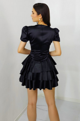 Rochie satinata Thora, cu volane si maneci scurte usor bufante, Negru, Marimea S/M3