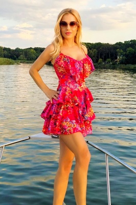 Rochie scurta AUGUSTina Print, cu imprimeu floral si volane asimetrice, Red Majestic, Marime S/M 5