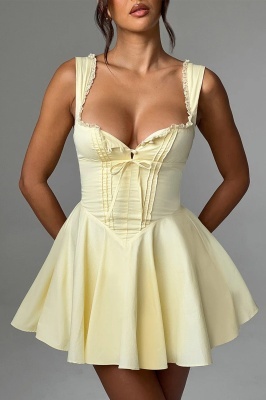 Rochie scurta galben pal cu fusta in clos si bust cu efect de corset