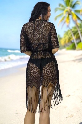 Rochie scurta de plaja Moya Sea neagra, cu franjuri, efect brodat, material semi-transparent si decolteu reglabil cu snur
