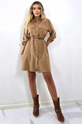 Rochie scurta de zi Kayla, cu nasturi si curea, BEJ, Marime S/M