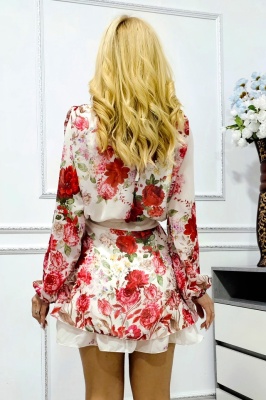 Rochie scurta eleganta StarFlow, cu jupa asimetrica si cordon in talie, Rosu floral, Marime universala detaliu spate