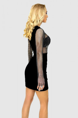 Rochie scurta Ines, bodycon, cu aspect transparent si insertii din cristale, Negru, Marime universala S/M3