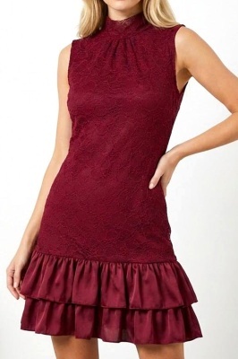 Rochie scurta, satinata IVORIA, cu dantela si guler inalt, Rosu, Marime S/M