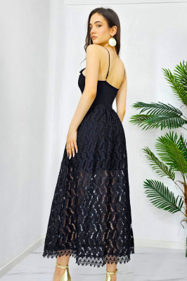Rochie tip salopeta Amyne, cu aspect brodat si ciucuri decorativi, Negru, Marime S/M1