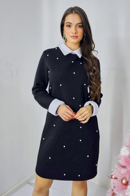 Rochie vatuita de zi, Spell, cu revere si perle artizanale, Negru 4