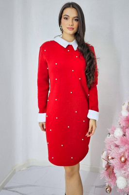 Rochie vatuita de zi, Spell, cu revere si perle artizanale, Rosu